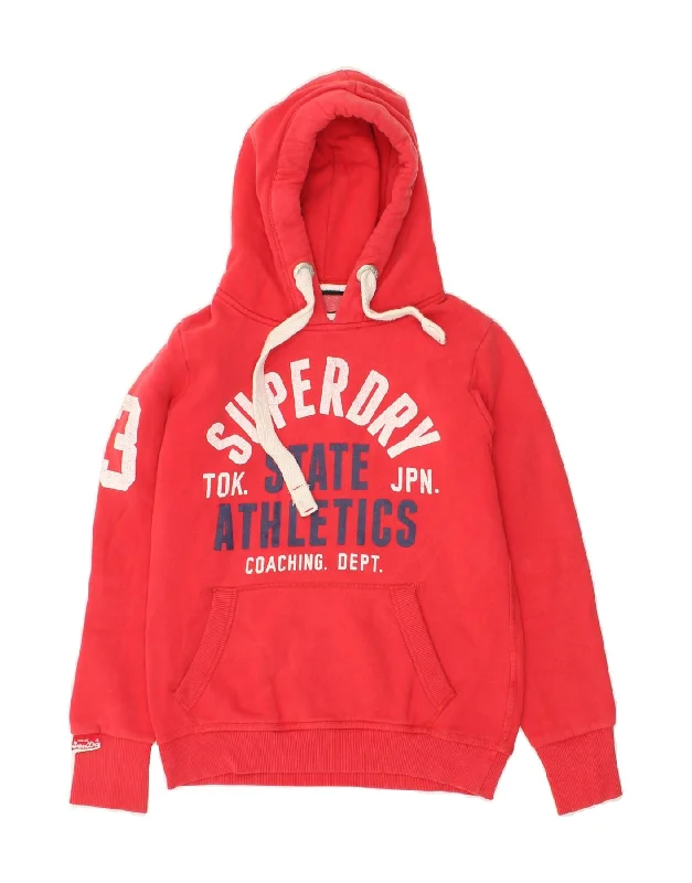 SUPERDRY Womens Graphic Hoodie Jumper UK 10 Small Red Cotton Hoodie with Button Classic Timeless