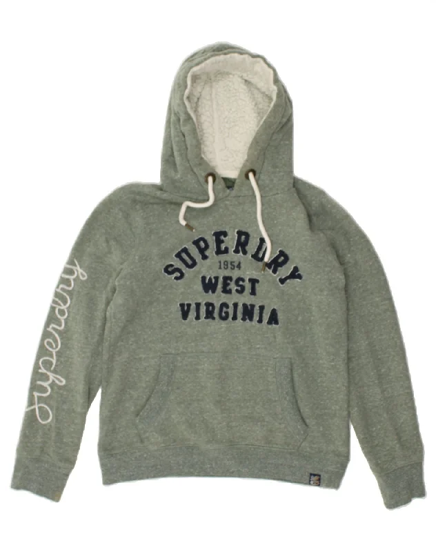 SUPERDRY Womens Graphic Hoodie Jumper UK 12 Medium  Green Flecked Hoodie with Patch Decorative Personalized