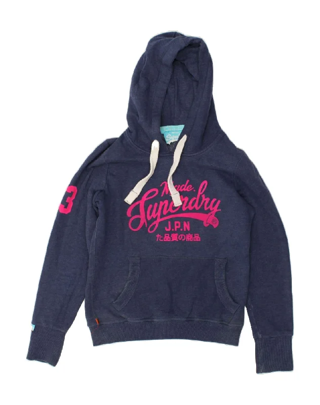 SUPERDRY Womens Graphic Hoodie Jumper UK 14 Large Navy Blue Cotton Hoodie with Logo Branding Identity