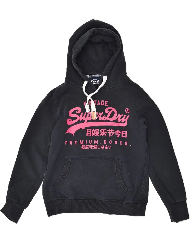 SUPERDRY Womens Graphic Hoodie Jumper UK 14 Medium Black Cotton Hoodie with Applique Textured Unique