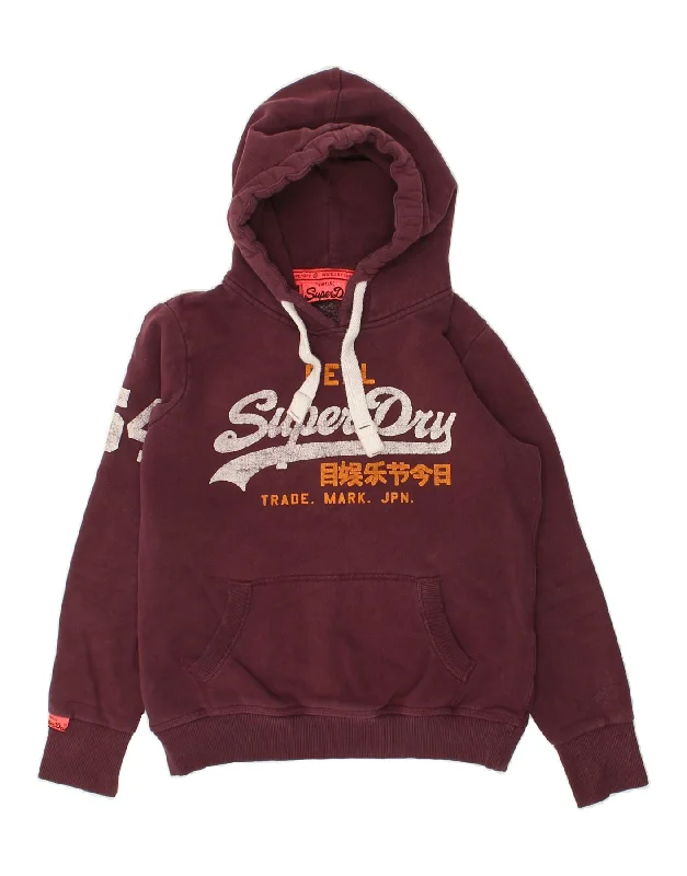 SUPERDRY Womens Graphic Hoodie Jumper UK 14 Medium Maroon Cotton Hoodie with Color Block Contrast Stylish