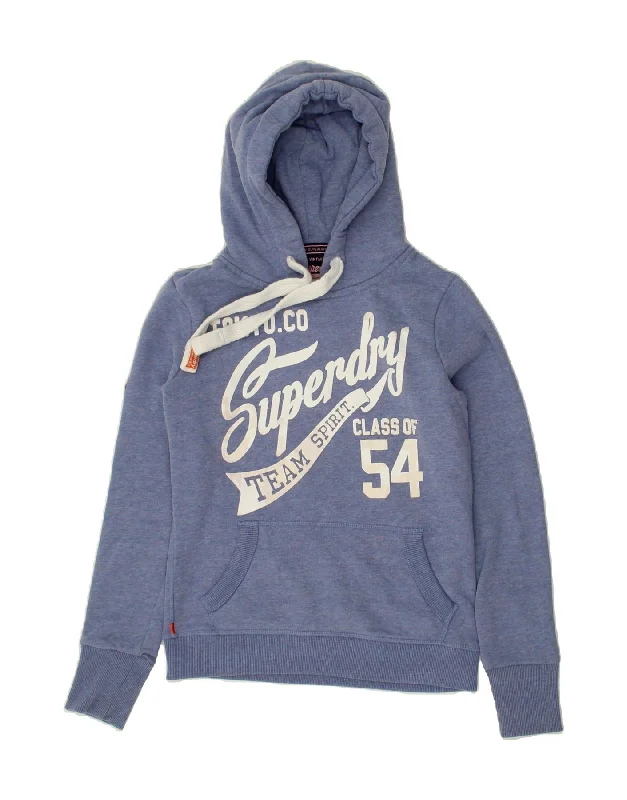 SUPERDRY Womens Graphic Hoodie Jumper UK 6 XS Blue Cotton Hoodie with Drawstring Waist Adjustable Fitted