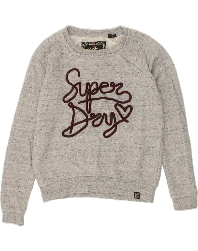 SUPERDRY Womens Graphic Sweatshirt Jumper UK 10 Small Grey Flecked Cotton Hoodie with Turtle Neck Cozy Winter