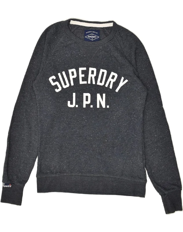 SUPERDRY Womens Graphic Sweatshirt Jumper UK 10 Small Navy Blue Cotton Hoodie with Hem Drawcord Adjustable Customizable