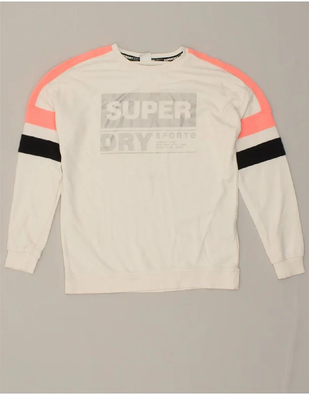 SUPERDRY Womens Graphic Sweatshirt Jumper UK 10 Small  White Colourblock Zip Hoodie Drawstring Kangaroo Pocket