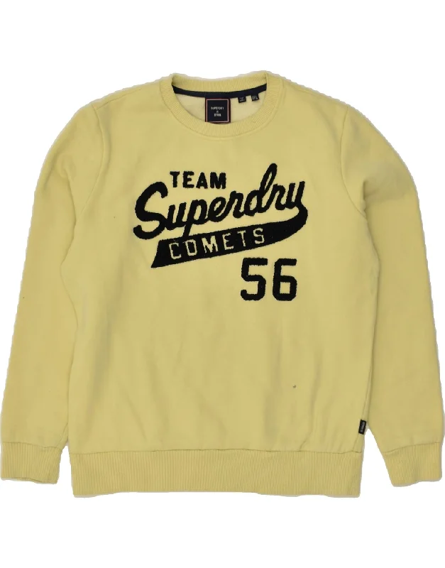 SUPERDRY Womens Graphic Sweatshirt Jumper UK 10 Small Yellow Cotton Hoodie with Drop Shoulder Relaxed Streetwear