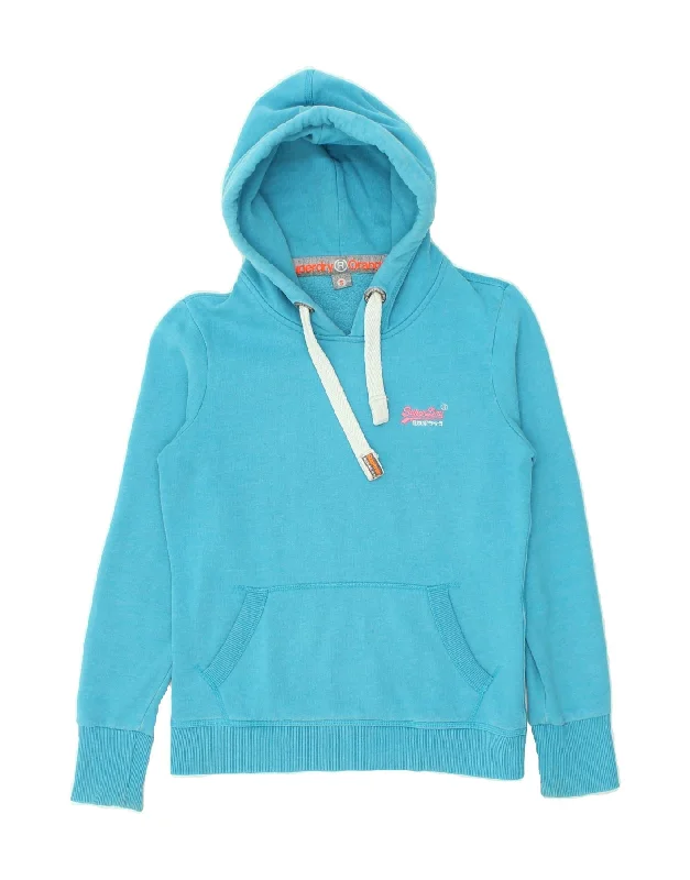 SUPERDRY Womens Hoodie Jumper UK 10 Small Blue Cotton Hoodie with Bell Sleeves Flared Feminine