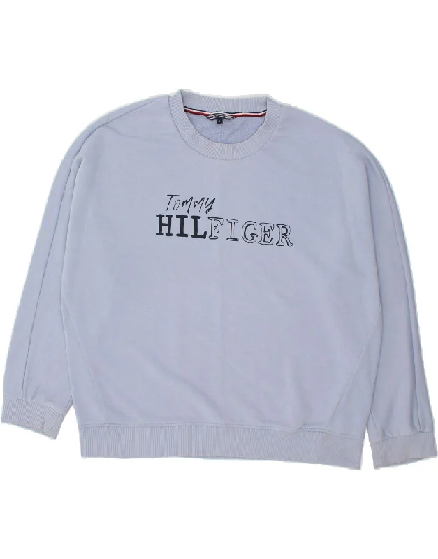 TOMMY HILFIGER Womens Graphic Sweatshirt Jumper UK 16 Large Blue Cotton Hoodie with Print Artistic Unique