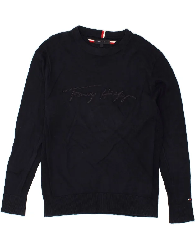 TOMMY HILFIGER Womens Graphic Sweatshirt Jumper UK 16 Large Navy Blue Hoodie with Applique Textured Unique