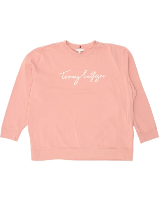 TOMMY HILFIGER Womens Graphic Sweatshirt Jumper UK 24 4XL Pink Cotton Hoodie with Mock Neck Collared Structured