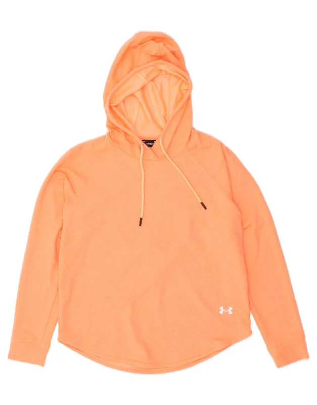 UNDER ARMOUR Womens Hoodie Jumper UK 14 Medium Orange Polyester Hoodie with Logo Branding Identity