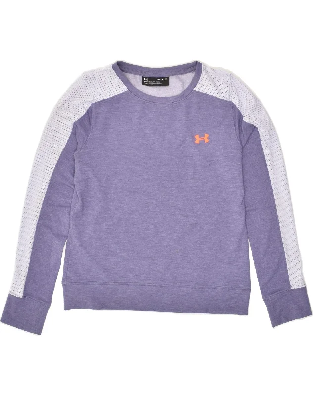 UNDER ARMOUR Womens Sweatshirt Jumper UK 14 Medium Purple Colourblock Hoodie with Emblem Brand Identity