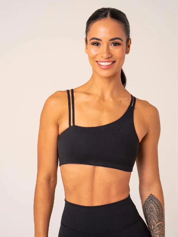 Unstoppable One Shoulder Sports Bra - Black Lace Back Bra