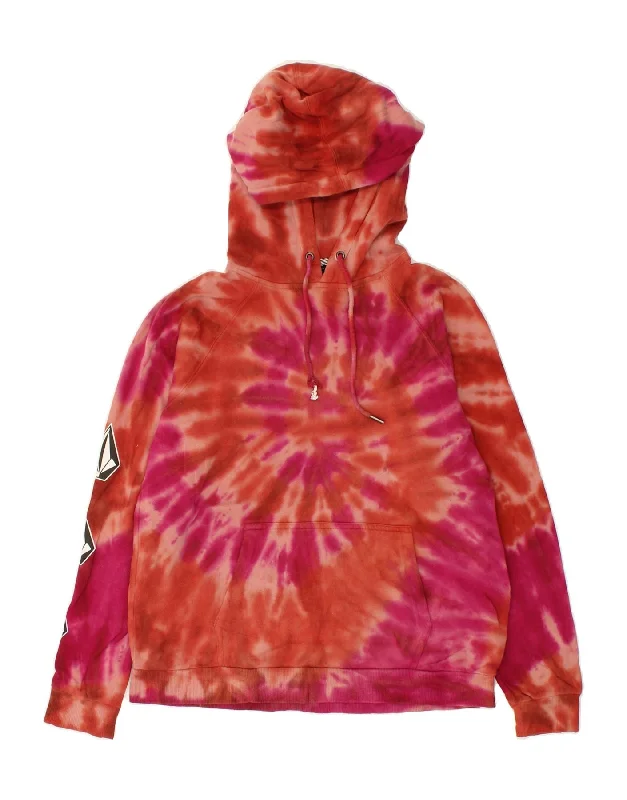 VOLCOM Womens Graphic Hoodie Jumper UK 0/2 XS Pink Tie Dye Cotton Hoodie with Cropped Fit Short Trendy