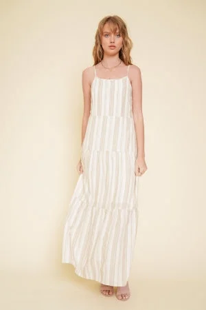 32047F Hem & Thread Stripe Open Back Tie Back Tiered Maxi Dress Elegant Silk Maxi Dress