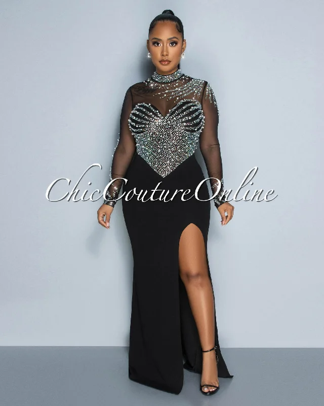 Akona Black Mesh Bust Rhinestones Maxi Dress Classic Solid Maxi Dress