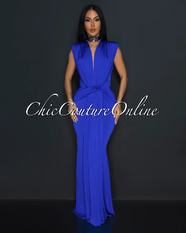 Alea Royal Blue Sleeveless Deep V Neck Maxi Dress Comfortable Bohemian Maxi Dress