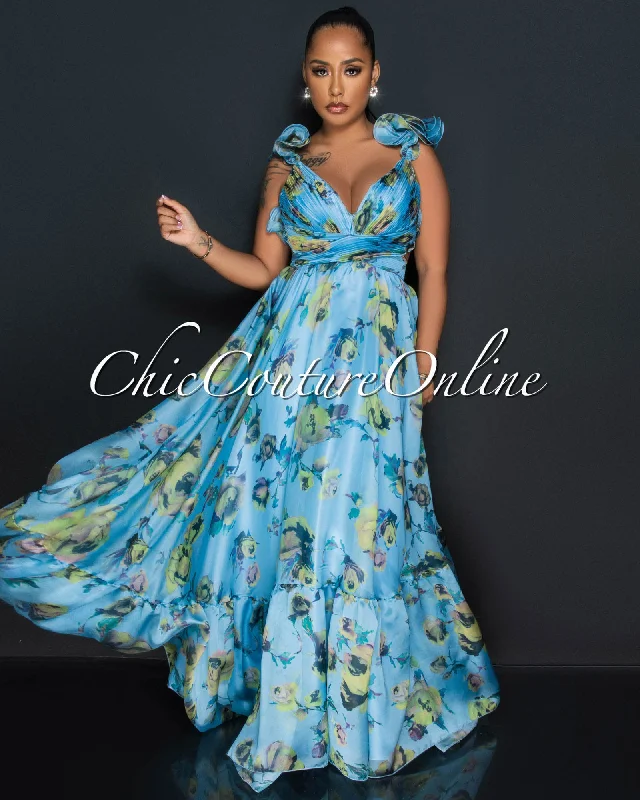 Anderson Blue Floral Print Drape Ruffle Maxi Dress Cozy Open-Back Maxi Dress