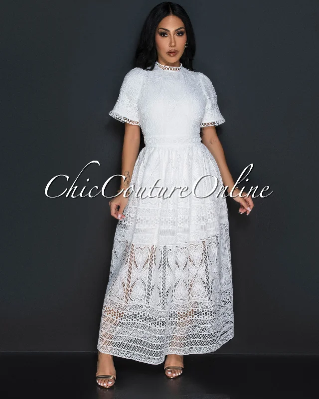 Aspyn White Lace Flared Maxi Dress Fashionable Chiffon Tiered Maxi Dress