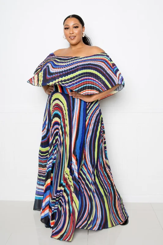 Plus Multi Abstract Stripe Print Flowy Maxi Dress Elegant Maxi Dress with Lace