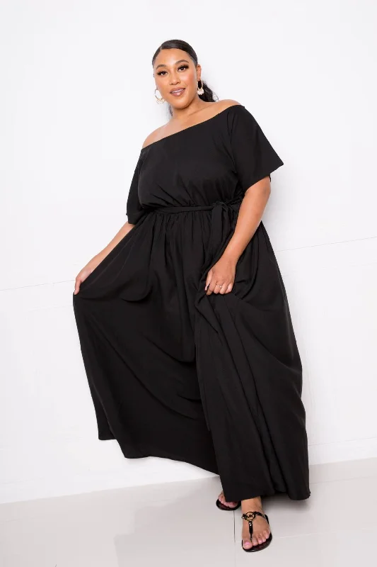 Plus Black Off-the-Shoulder Flowy Maxi Dress Elegant Wraparound Maxi Dress