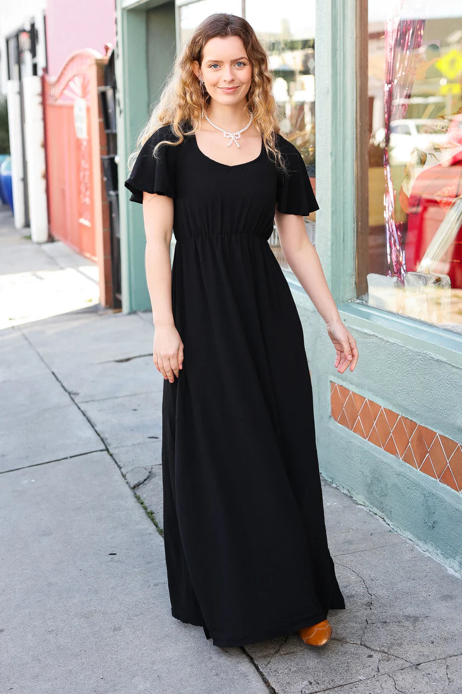 BLACK SOLID RUFFLE MAXI DRESS Trendy Fit-and-Flare Maxi Dress