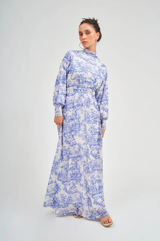 Blue Toile Maxi Dress Stylish A-Line Maxi Dress