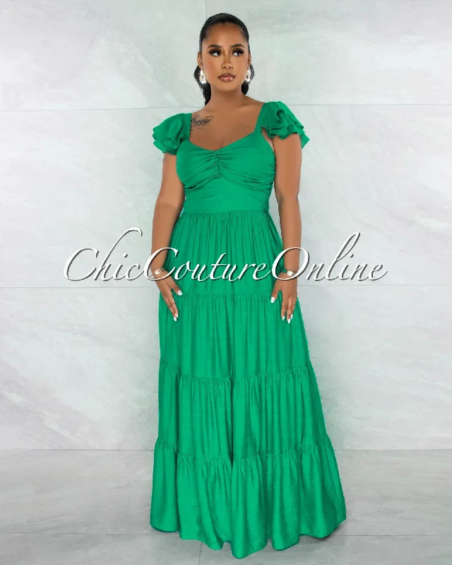 Bowles Green Draped Bust Ruffle Sleeves Maxi Dress Stylish Boho Maxi Dress