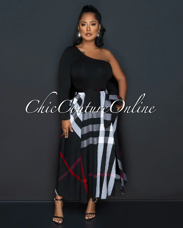 Breea Black Grey Plaid Print Two-Tone Single Shoulder Maxi Dress Fashionable Sleeveless Maxi Dress