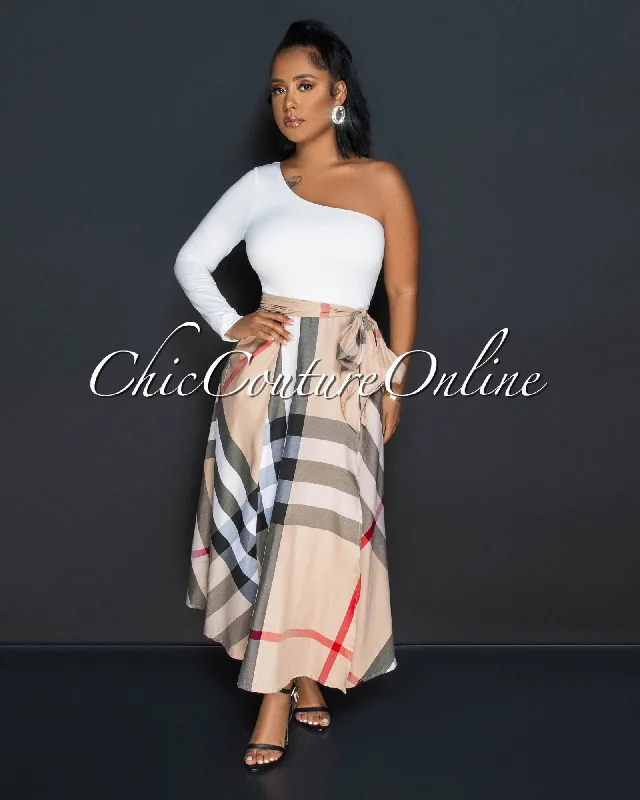 Breea White Brown Plaid Print Two-Tone Single Shoulder Maxi Dress (10/3) Comfortable Casual Maxi Dress