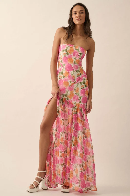 Bright Buds Strapless Floral Drop-Waist Maxi Dress Cozy Ruffle Sleeve Maxi Dress