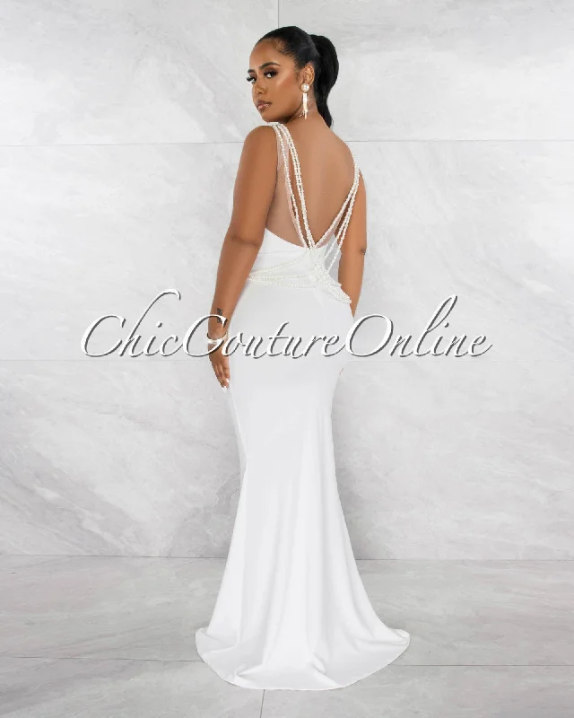 Carina Off-White Low Back Pearl Link Accent Maxi Dress Stylish Maxi Dress with Frills