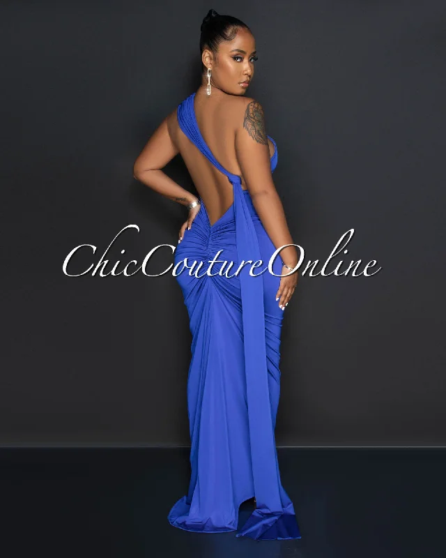 Carlina Royal Blue Open Back "O" Ring Trail Maxi Dress Comfortable T-Shirt Maxi Dress