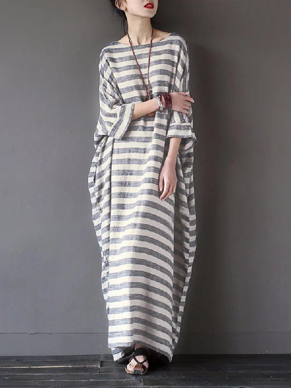 Casual 3/4 Sleeve Striped O-neck Baggy Cotton Women Maxi Dress Stylish Empire Waist Maxi Dress