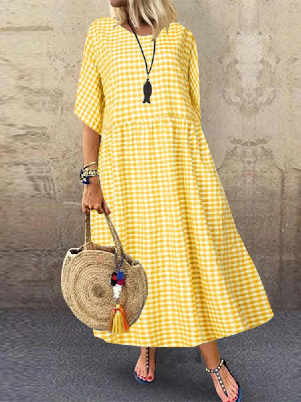 Casual Loose Plaid Print O-neck Half Sleeve Women Maxi Dress Fashionable Maxi Dress with Fringe