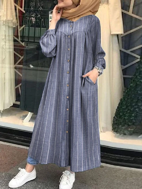 Casual Stripe Print Button Long Sleeve Pocket Shirt Women Maxi Dress Fashionable Chiffon Tiered Maxi Dress