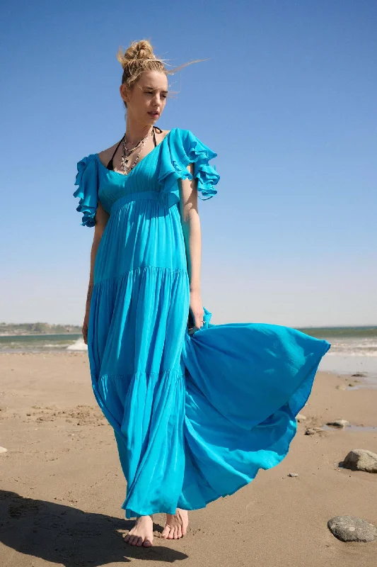 Catch the Wind Ruffle-Sleeve Tiered Maxi Dress Elegant Maxi Dress with Slit