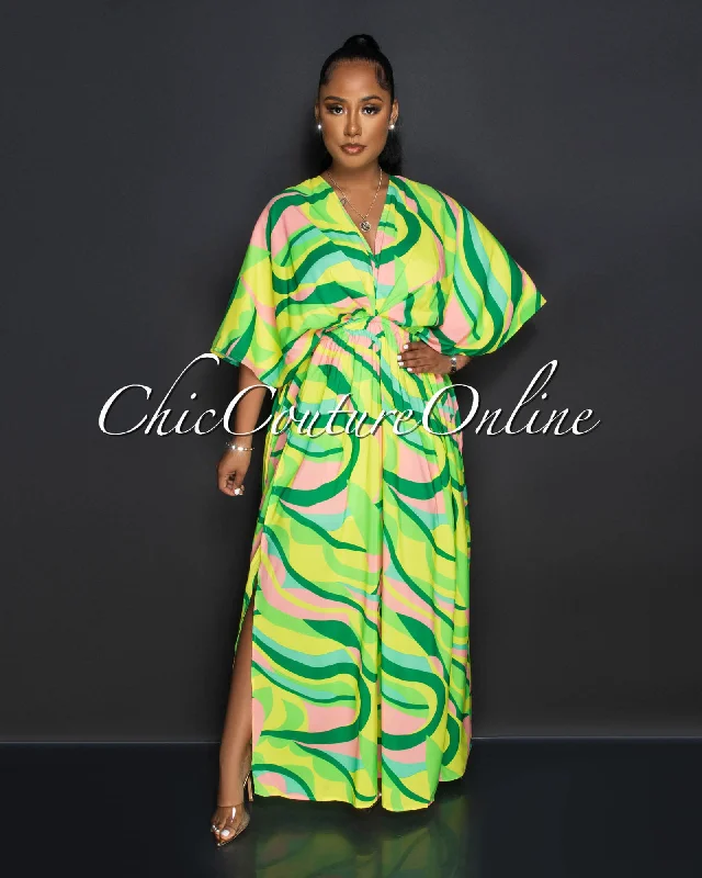 Coira Green Multi-Color Retro Print Double Slit Maxi Dress Elegant Wraparound Maxi Dress