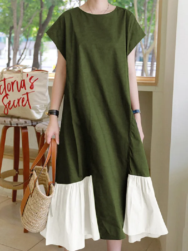 Contrast Color Spliced O-neck Short Sleeve Back Zipper Plain Casual Women Maxi Dress Cozy Wrap Maxi Dress