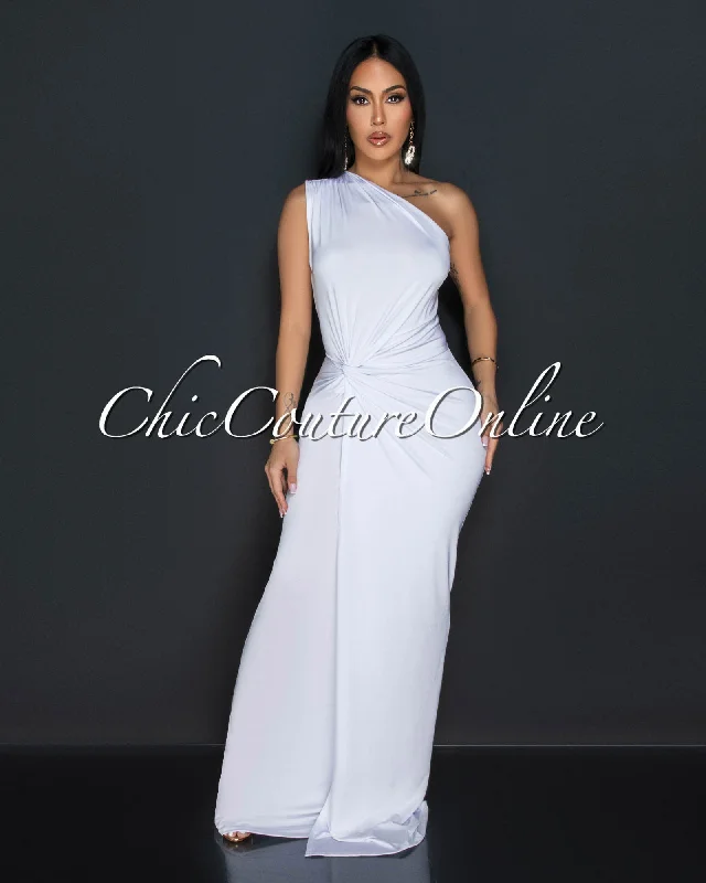 Zima White Single Shoulder Twist Maxi Dress Trendy Off-Shoulder Ruffle Maxi Dress