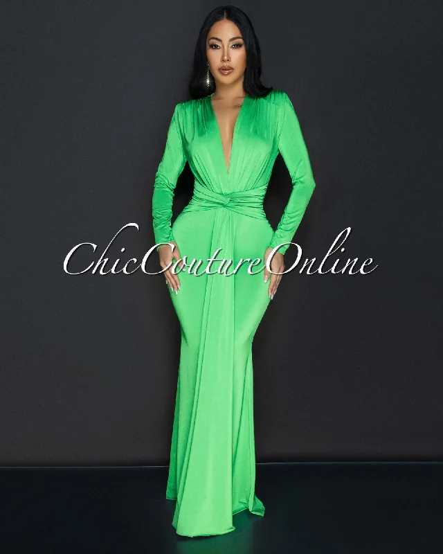 Cordelia Apple Green Long Sleeves Deep V-Neck Maxi Dress Fashionable Button-Down Maxi Dress