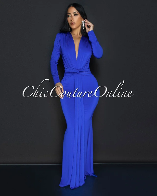 Cordelia Royal-Blue Long Sleeves Deep V-Neck Maxi Dress Comfortable Fit-and-Flare Maxi Dress