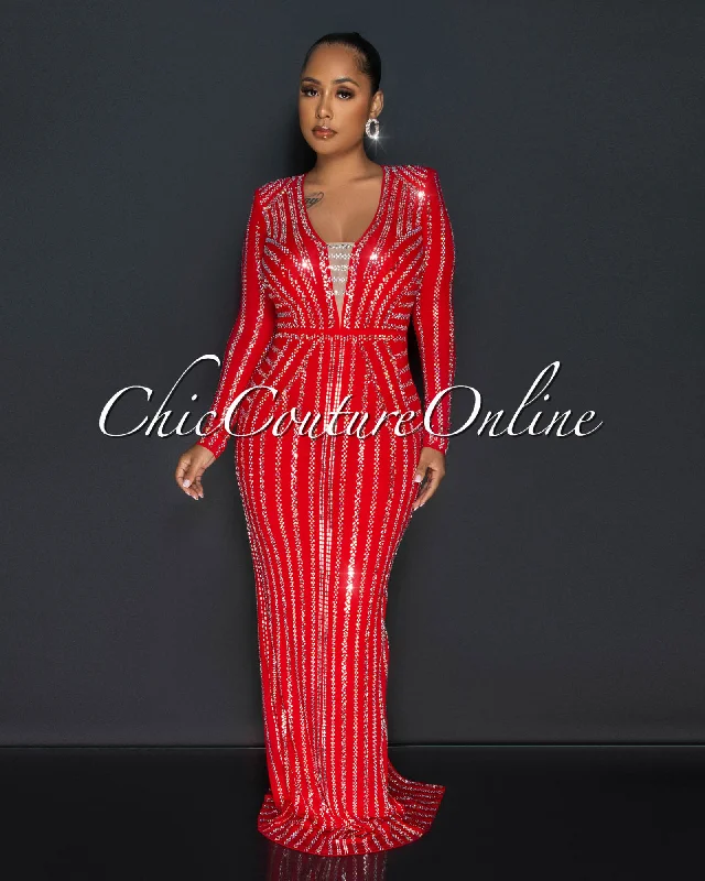 Demetria Red Silver Rhinestones Maxi Dress Cozy Knitted Maxi Dress