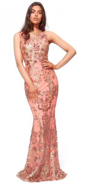 Designer gown 10719 coral sequined maxi dress. Size 6. Fashionable Open-Back Maxi Dress