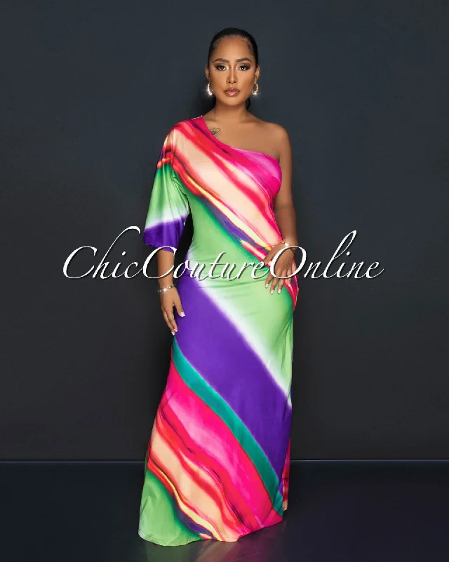 Disa Multi-Color Print Single Shoulder Maxi Dress Classic Solid Maxi Dress