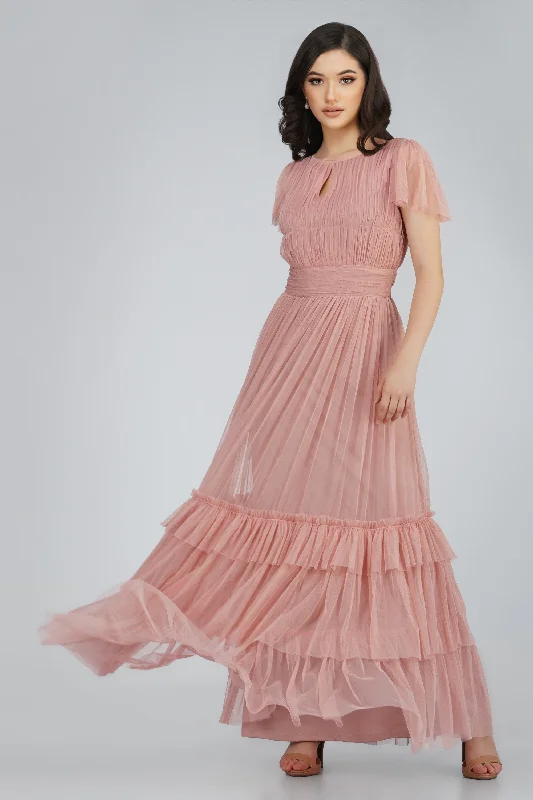 Diva Tulle Maxi Dress in Mink Stylish Maxi Dress with Pleats