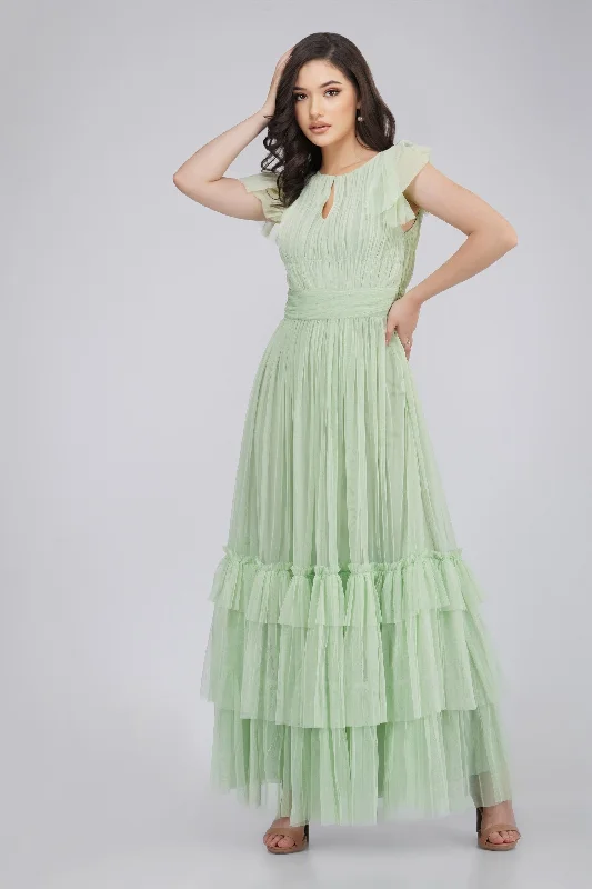 Diva Tulle Maxi Dress in Sage Fashionable Faux Wrap Maxi Dress