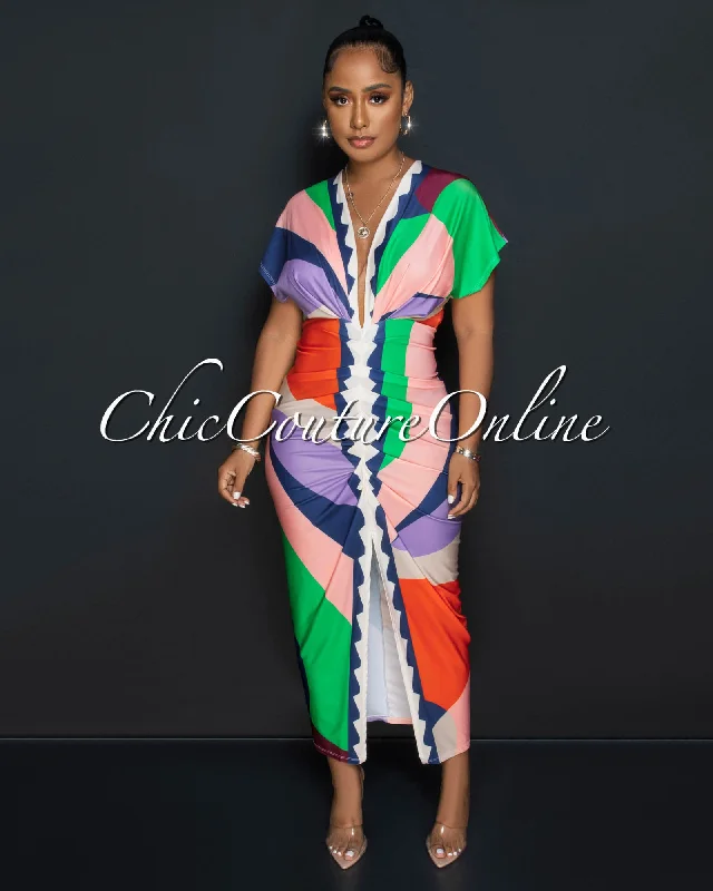 Ellender Green Multi-Color Print Deep V Neck Draped Maxi Dress Chic Boho Print Maxi Dress