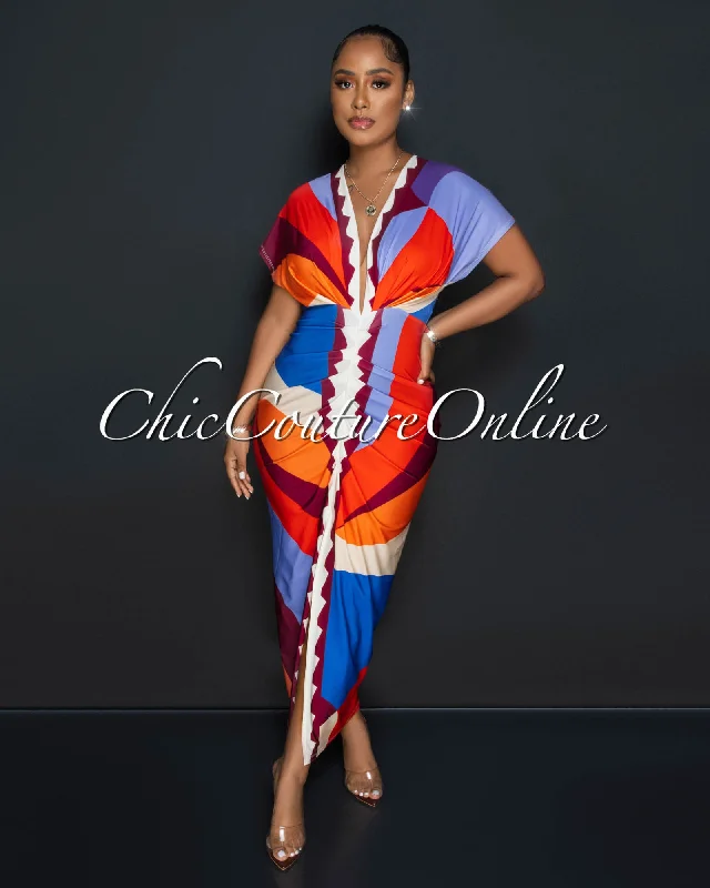 Ellender Red Multi-Color Print Deep V Neck Draped Maxi Dress Trendy Maxi Dress with Straps