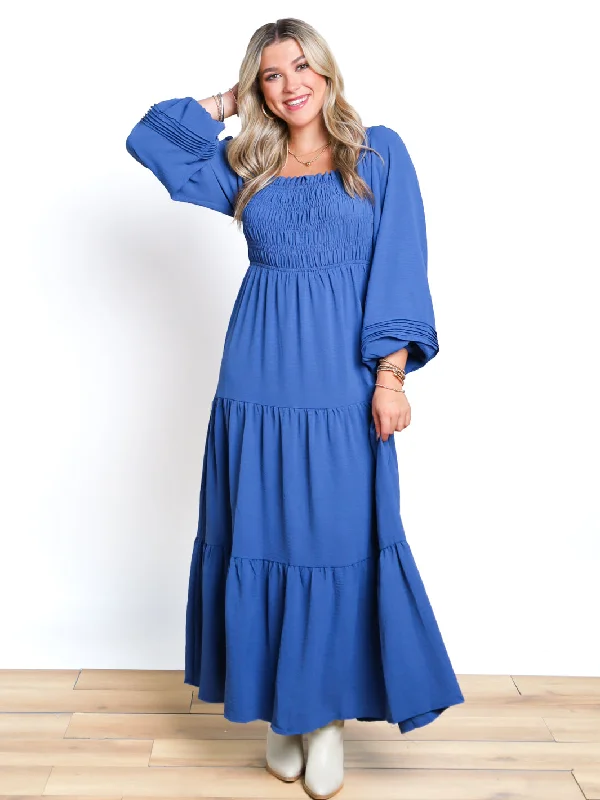 Fair And Square Long Sleeve Smocked Maxi Dress Comfortable Satin Maxi Dress